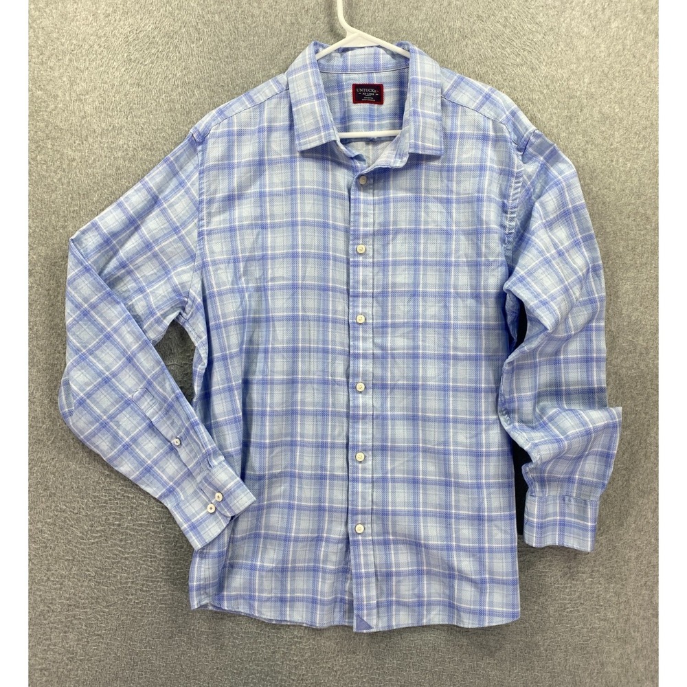 UNTUCKit Men's 2XL Pinord Button Up Shirt Plaid Long Sleeve Periwinkle White